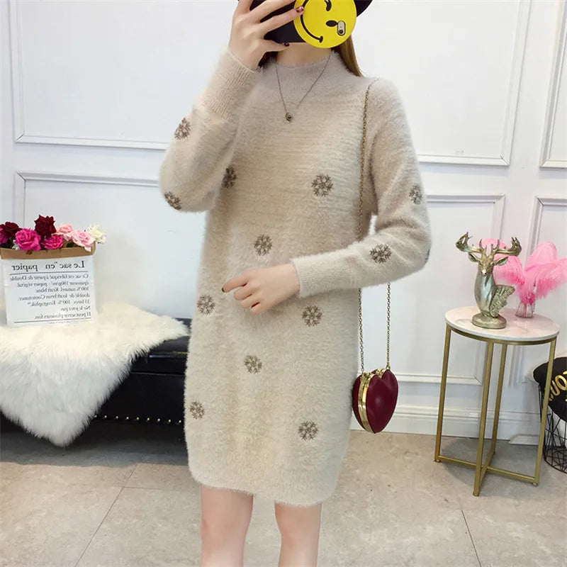 Women Knit Sweater Pullover New Fashion Imitation Mink Cashmere Loose Femmes Top White Dress Half Turtleneck Sweater Jumper