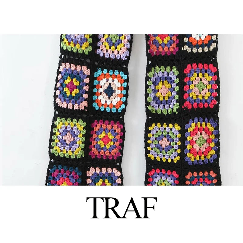 TRAF Woman Clothes Pants Handmade Crochet Sexy Hollow Out Black Crochet Square Motif 4 Season Women Special Women's Pants