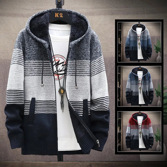 Men's Cardigan Hooded  Sweater Jumper with Zipper Knitwear Fashion Striped Fleece Wool Autumn/Winter Thick Warm Coat Cold Blouse