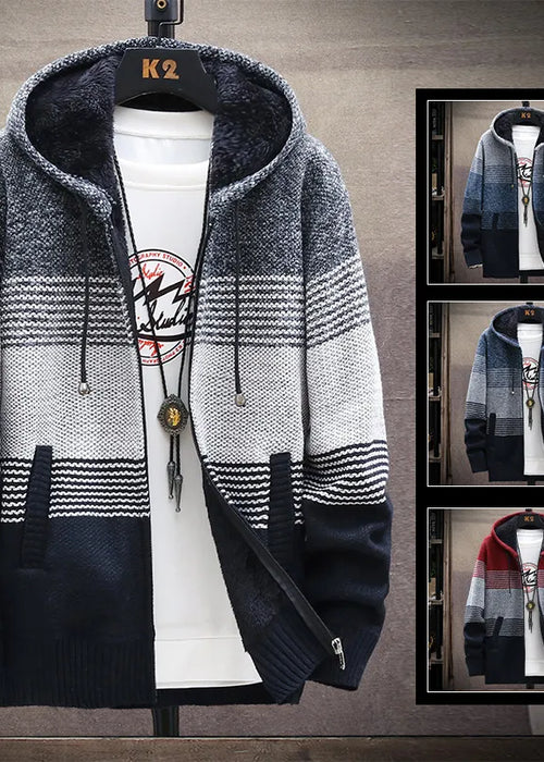 Men's Cardigan Hooded  Sweater Jumper with Zipper Knitwear Fashion Striped Fleece Wool Autumn/Winter Thick Warm Coat Cold Blouse