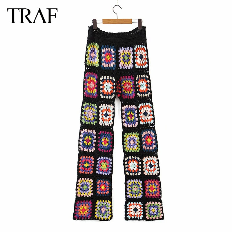 TRAF Woman Clothes Pants Handmade Crochet Sexy Hollow Out Black Crochet Square Motif 4 Season Women Special Women's Pants