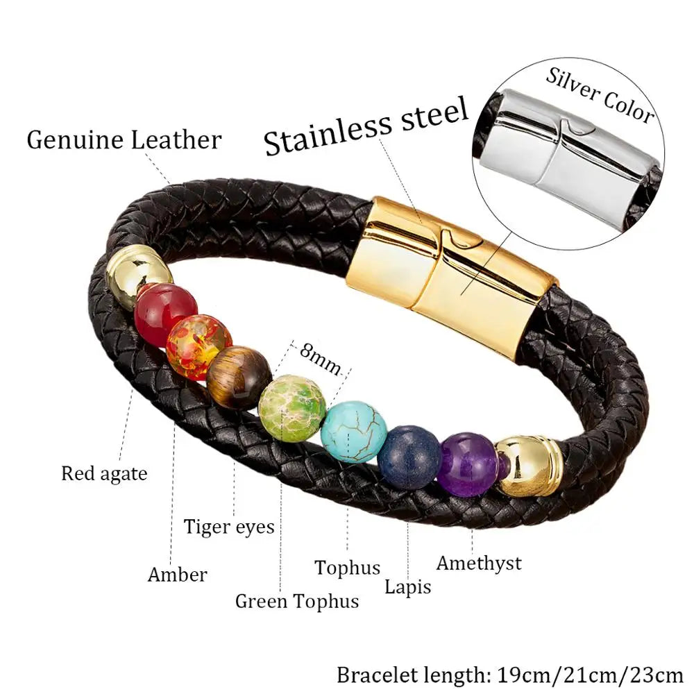 Chakra Bracelet For Women Men Natural Stone Beads Genuine Leather Bracelets Stainless Steel Men's Jewelry Christmas Gift