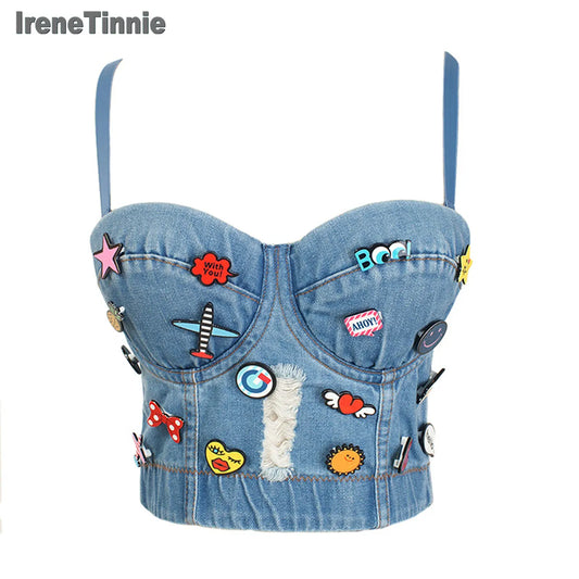 Irene Tinnie Sexy Cute Hole Cartoon Decoration Push Up Bustier Women's Denim Bralette Cropped Top Vest Plus Size