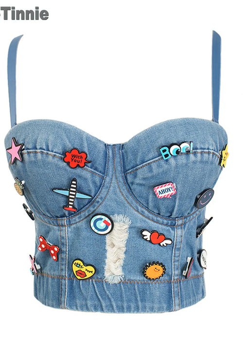 Irene Tinnie Sexy Cute Hole Cartoon Decoration Push Up Bustier Women's Denim Bralette Cropped Top Vest Plus Size