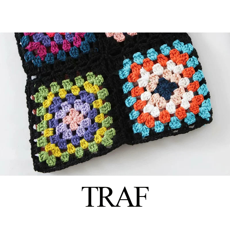 TRAF Woman Clothes Pants Handmade Crochet Sexy Hollow Out Black Crochet Square Motif 4 Season Women Special Women's Pants