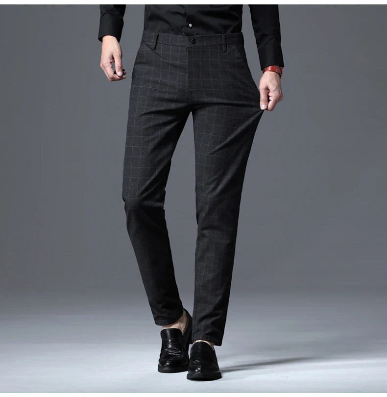 2025 Autumn New Men's Slim Plaid Casual Pants Fashion Soft Stretch Business Work Trousers Gentleman Brand Clothes Black Blue