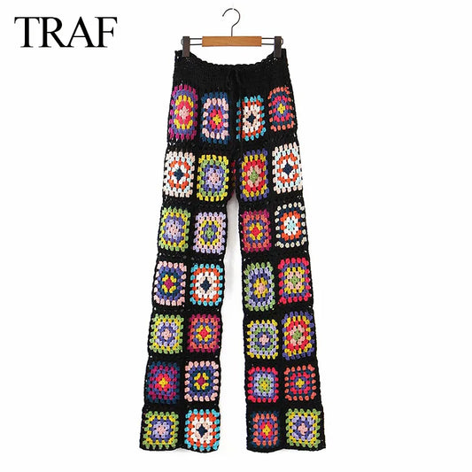 TRAF Woman Clothes Pants Handmade Crochet Sexy Hollow Out Black Crochet Square Motif 4 Season Women Special Women's Pants