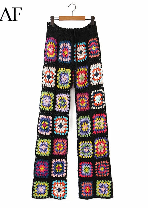 TRAF Woman Clothes Pants Handmade Crochet Sexy Hollow Out Black Crochet Square Motif 4 Season Women Special Women's Pants