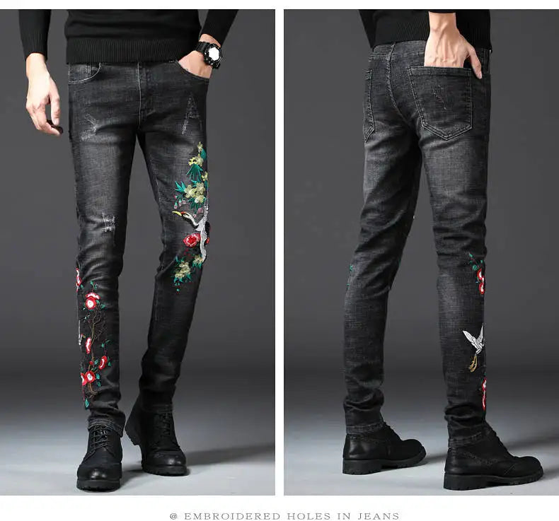 Fashion men's 2020 long pants printing spring and summer embroidery flower jeans men's slim feet men's casual jeans