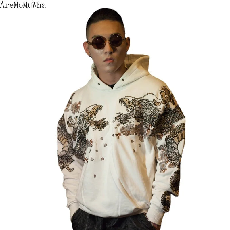 Original Spring Autumn New Chinese Style Men Women Couple Models Gold Line Dragon and Phoenix Embroidery Hooded Mens Hoodies