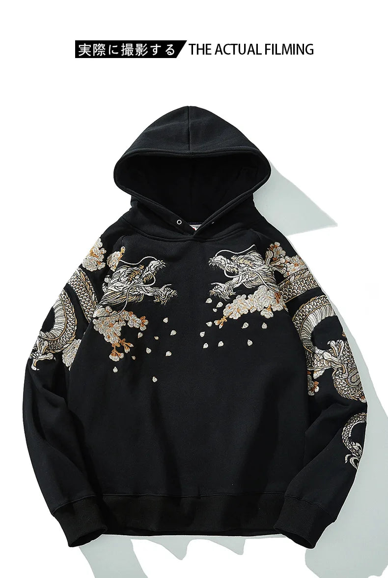 High Street Black Loose Long Sleeve Streetwear Phoenix Dragon Sakura Embroidered Fashionable Men Boys Pullover Tops Hoodies L