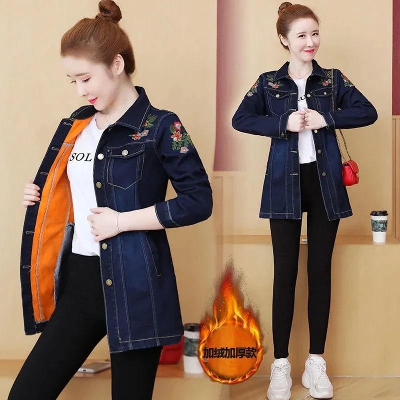 Winter New Style Cowgirl Jacket Embroidered Flowers Add  Velvet Thickening Women's Denim Jacket Single-Breasted Slim Trench Coat