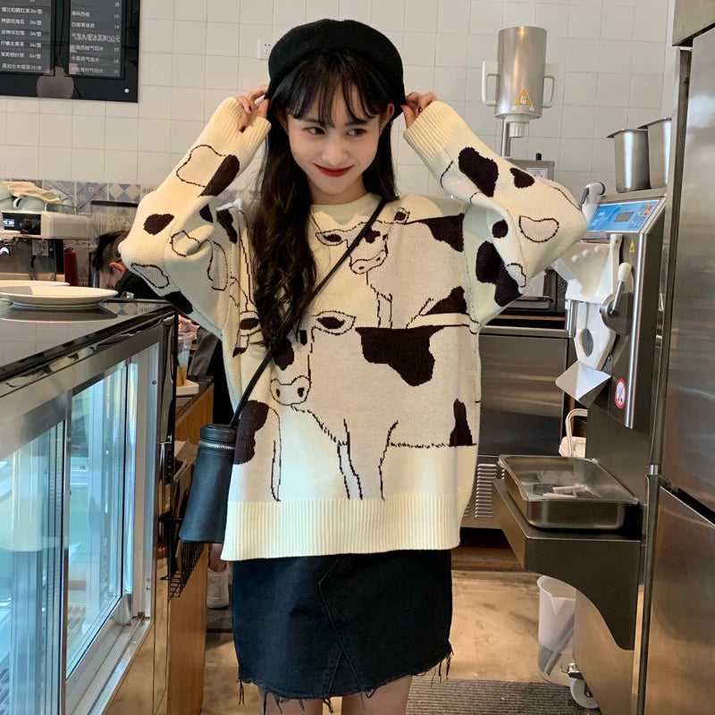 Vintage Casual Loose Lazy Cow Sweater Female Korean Harajuku Women's Sweaters Japanese Kawaii Cute Ulzzang Clothing For Women