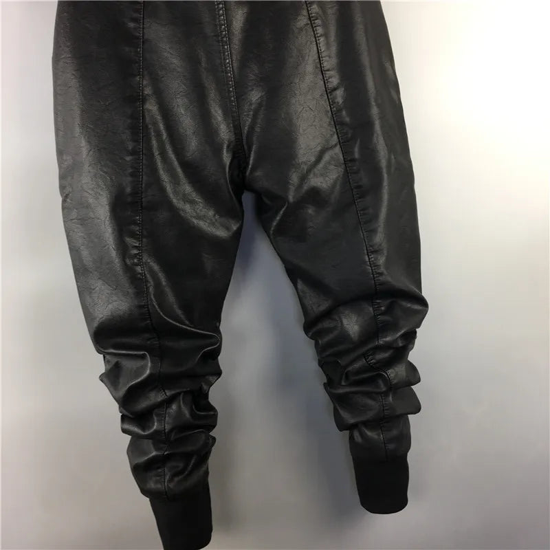 Owen Seak Men Casual Cargo Harem Pants High Street Hip Hop Length PU Faux Leather Sweatpants Autumn Winter Black Big Size