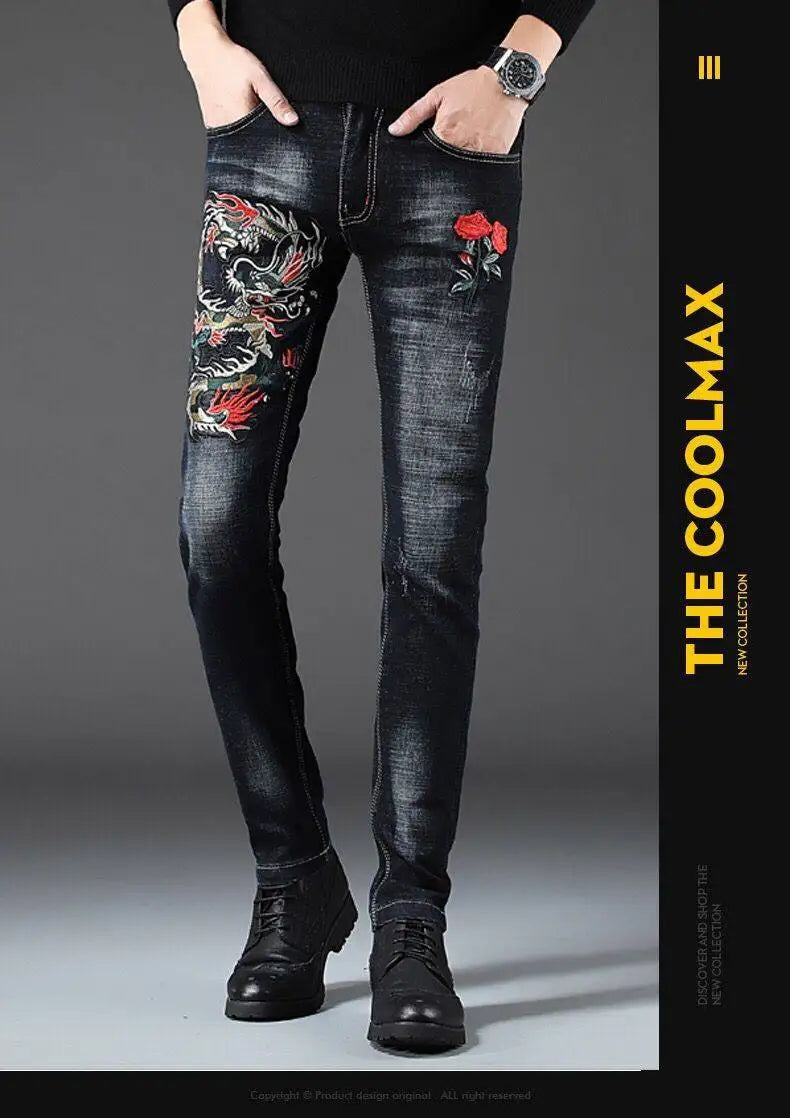 Fashion men's 2020 long pants printing spring and summer embroidery flower jeans men's slim feet men's casual jeans