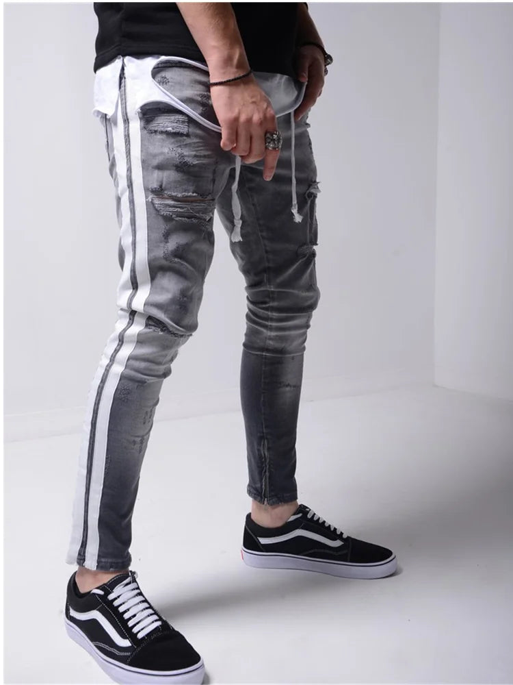 Men's Ripped Pencil Pants Men Skinny Denim Biker Side Striped Jeans Men's Fashion Foot Mouth Zipper Hip-Hop Slim Denim Trousers