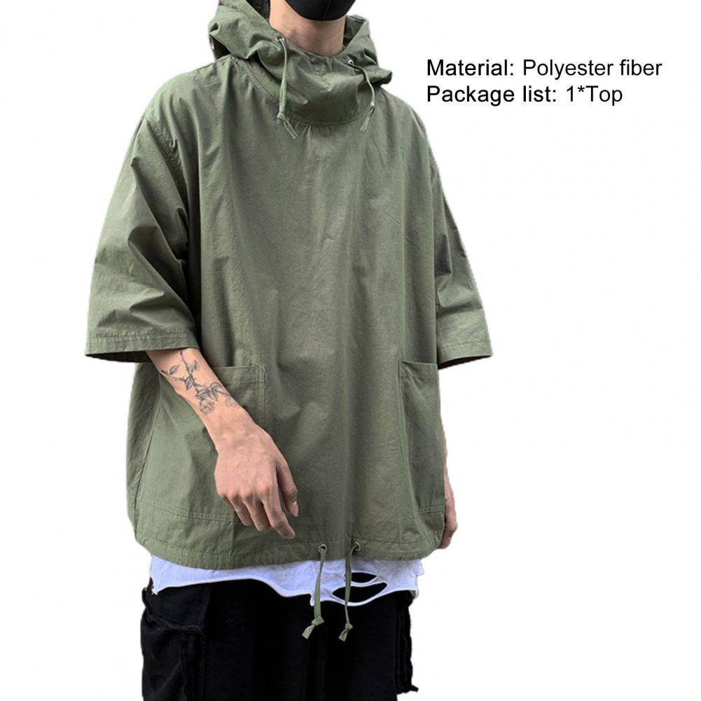 New Men's Pullover Hooded Half Sleeve Top Soft Big Pocket Loose T-shirt for Everyday