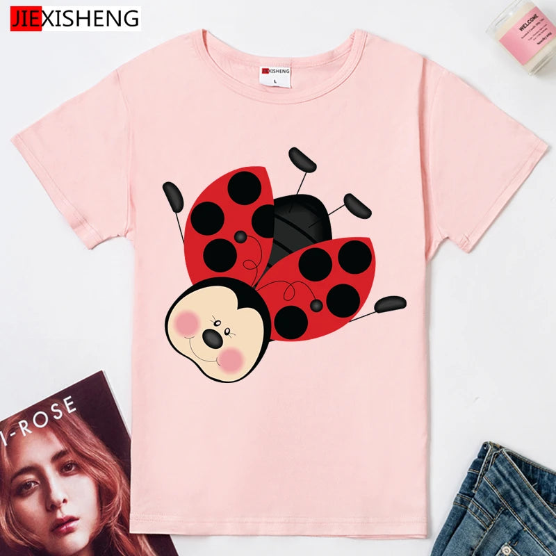 Summer Women T Shirt Cute Short Sleeve O Neck Tops Cartoon Ladybug Print t-shirt Kawaii Girl White Women Clothing HH519