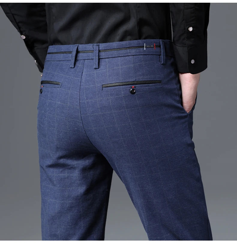 2025 Autumn New Men's Slim Plaid Casual Pants Fashion Soft Stretch Business Work Trousers Gentleman Brand Clothes Black Blue