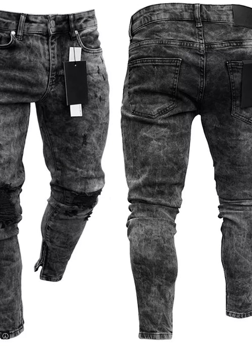 Biker Jeans Men's Distressed Stretch Ripped Biker Jeans Men Hip Hop Slim Fit Holes Punk Jeans Zipper Pure Color Denim Pants