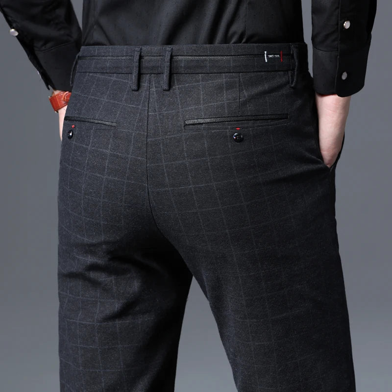 2025 Autumn New Men's Slim Plaid Casual Pants Fashion Soft Stretch Business Work Trousers Gentleman Brand Clothes Black Blue