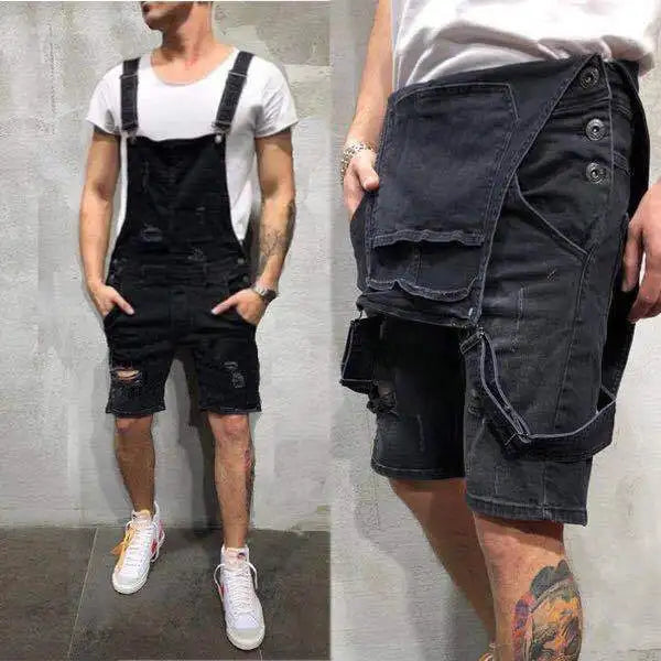 New Denim Bib Hole Slim Mens Shorts Work Pants