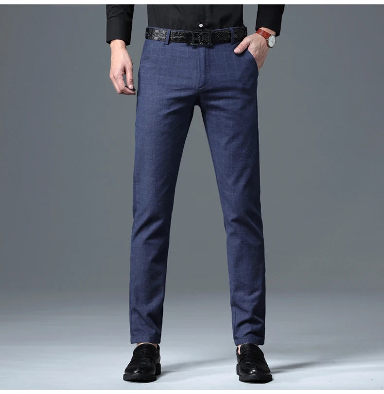 2025 Autumn New Men's Slim Plaid Casual Pants Fashion Soft Stretch Business Work Trousers Gentleman Brand Clothes Black Blue