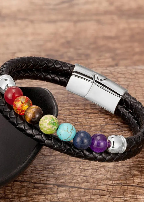 Chakra Bracelet For Women Men Natural Stone Beads Genuine Leather Bracelets Stainless Steel Men's Jewelry Christmas Gift