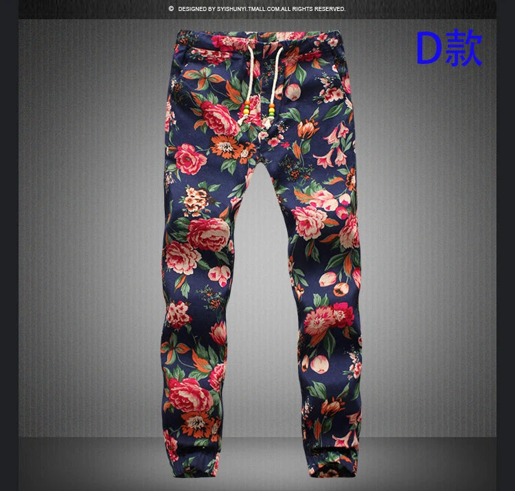 Euro Size New Fashion Spring Men Floral Print Joggers Male Casual Summer Pants Mens Sweatpants Linen Pants Men Trousers