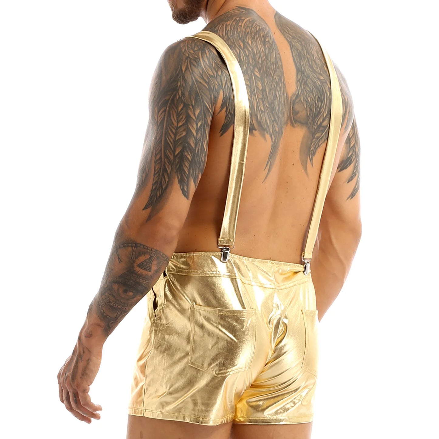 Mens Shiny Metallic Bib Overall Suspender Shorts Jazz Hip Hop Leotard Dance Costumes Shoulder Straps Jumpsuit Suspender Romper