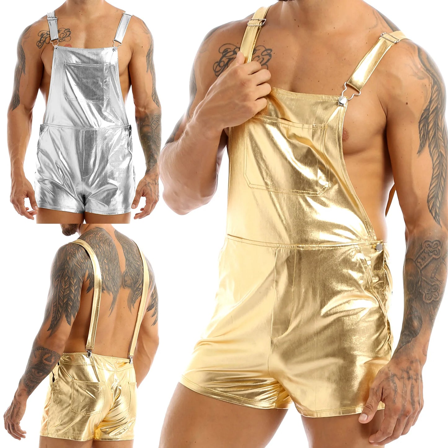 Mens Shiny Metallic Bib Overall Suspender Shorts Jazz Hip Hop Leotard Dance Costumes Shoulder Straps Jumpsuit Suspender Romper