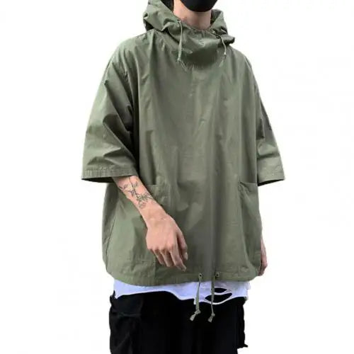 New Men's Pullover Hooded Half Sleeve Top Soft Big Pocket Loose T-shirt for Everyday