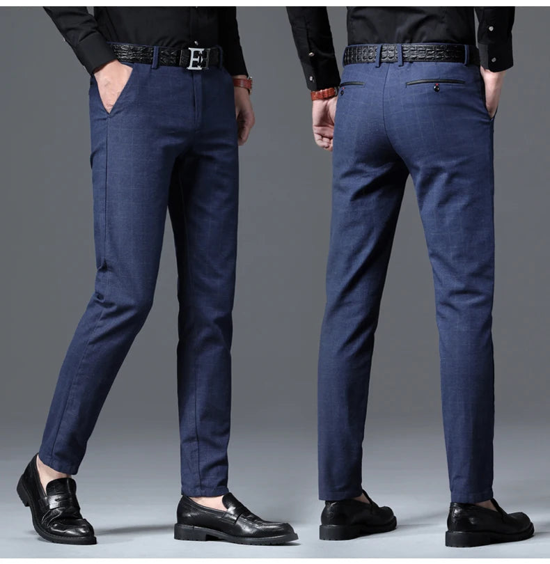 2025 Autumn New Men's Slim Plaid Casual Pants Fashion Soft Stretch Business Work Trousers Gentleman Brand Clothes Black Blue