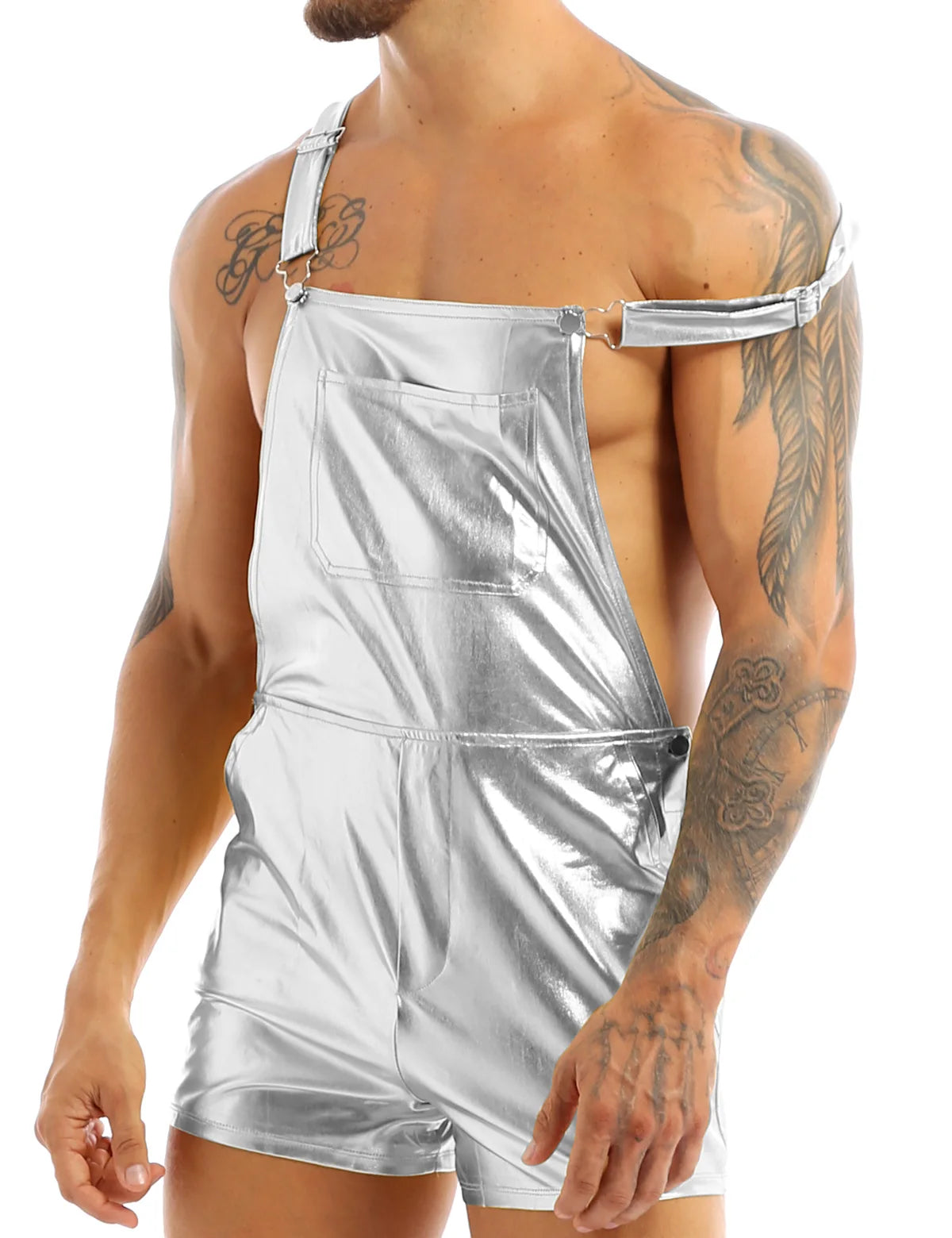 Mens Shiny Metallic Bib Overall Suspender Shorts Jazz Hip Hop Leotard Dance Costumes Shoulder Straps Jumpsuit Suspender Romper