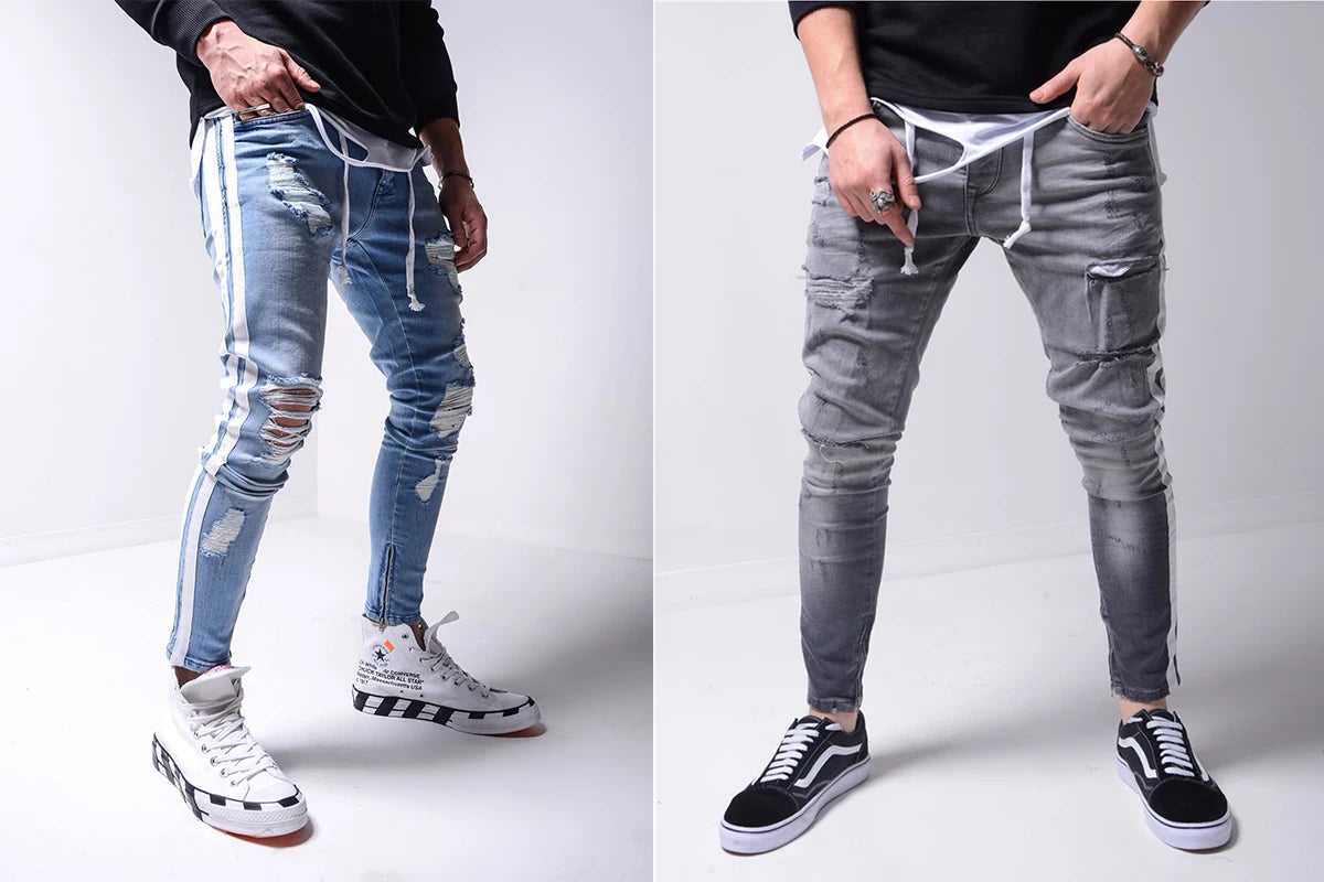 Men's Ripped Pencil Pants Men Skinny Denim Biker Side Striped Jeans Men's Fashion Foot Mouth Zipper Hip-Hop Slim Denim Trousers