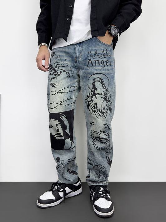 Original Denim Male Anime Painting Graffiti Classy Trendy Loose Cone 2025 American High Street Autumn and Winter Trousers