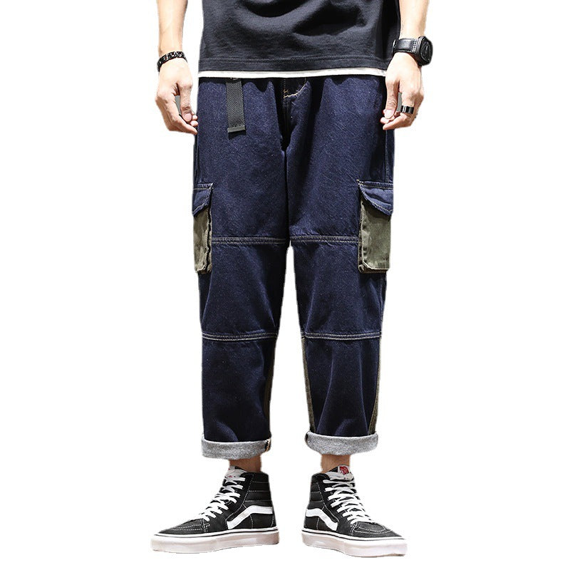 Pocket Color Matching Denim Loose Cargo Pants