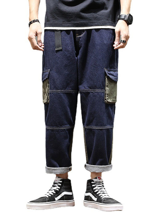 Pocket Color Matching Denim Loose Cargo Pants