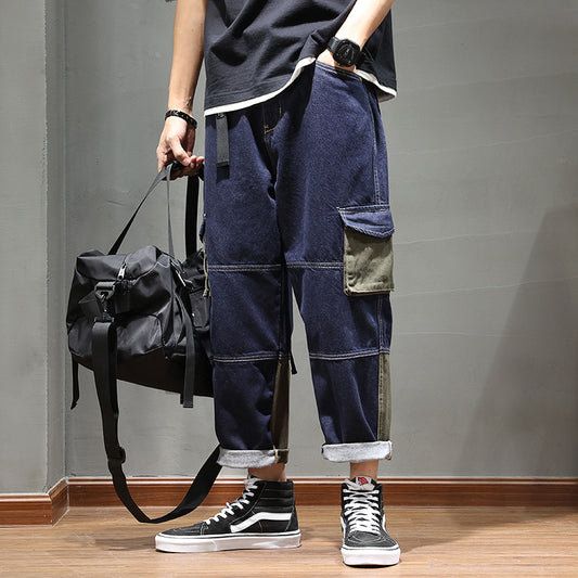 Pocket Color Matching Denim Loose Cargo Pants