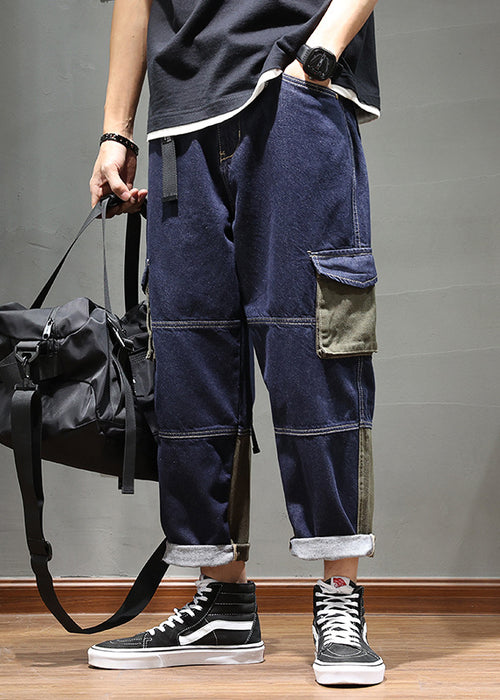 Pocket Color Matching Denim Loose Cargo Pants