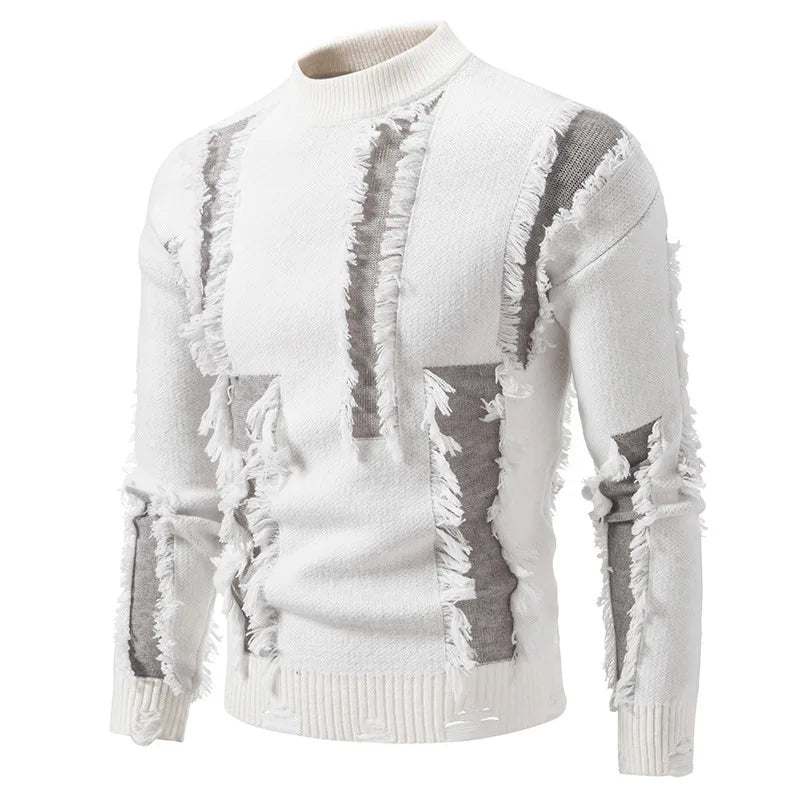 Fashion 2025 Autumn and Winter New Men's Sweater Color-blocked Ripped Round Neck Long Sleeve Base Shirt Knitted Sweater