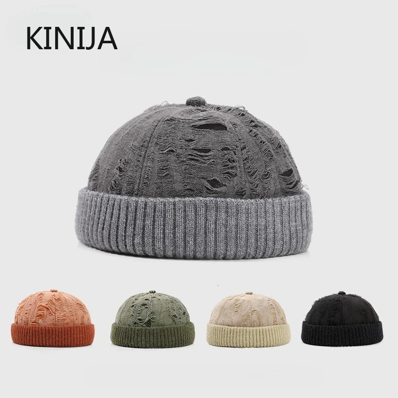 Men's Beanie Cap Knit Hat Boy Skullcap Sailor Cap Cuffs Solid Color Unisex Autumn Warm Cap Korean Version Small Face Cold Hat