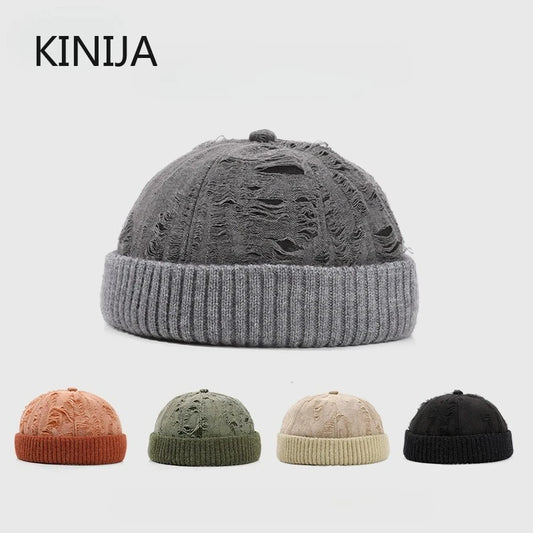 Men's Beanie Cap Knit Hat Boy Skullcap Sailor Cap Cuffs Solid Color Unisex Autumn Warm Cap Korean Version Small Face Cold Hat