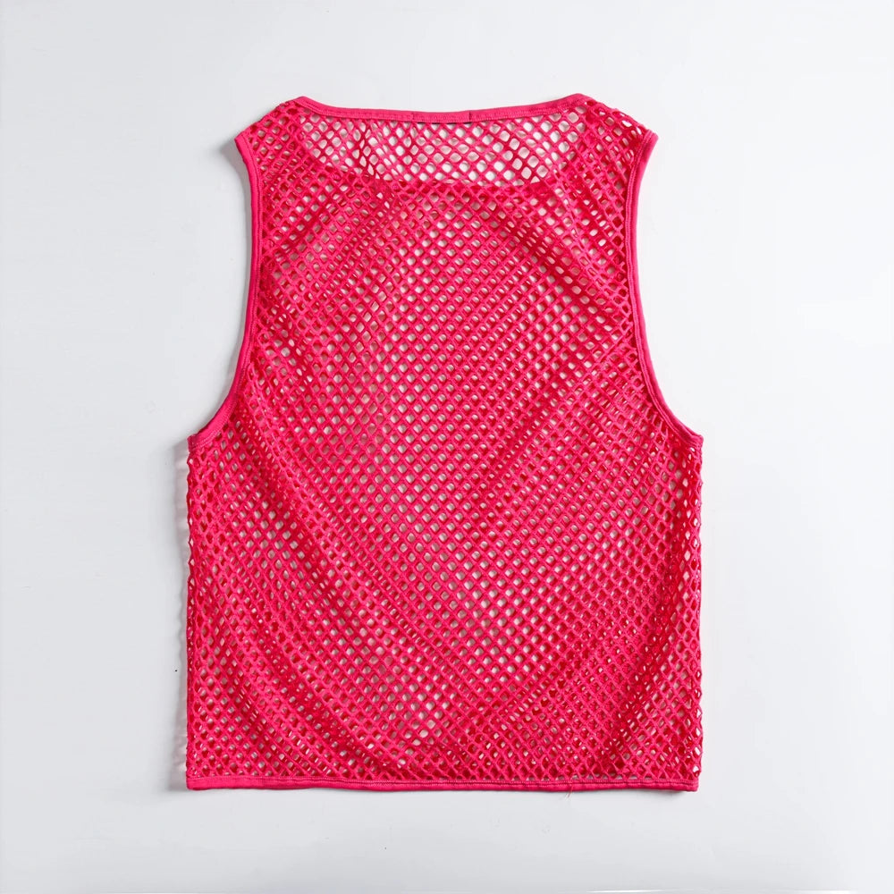JOCKMAIL Men Tank Tops Mesh Hollow Out O-neck Sleeveless Male Vests Streetwear Summer Sexy See Through Fashion Men Clothing