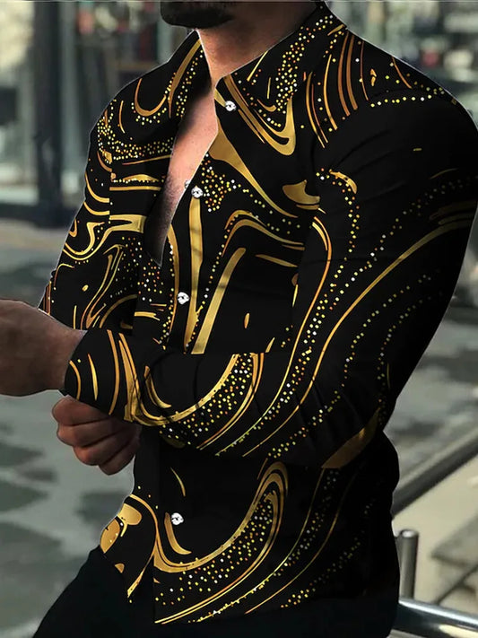 New Hawaiian Shirts Luxury Gold Pattern Shirts Men's Fashion Casual Shirts Long Sleeves Lapel Beach Shirts Men's Clothing