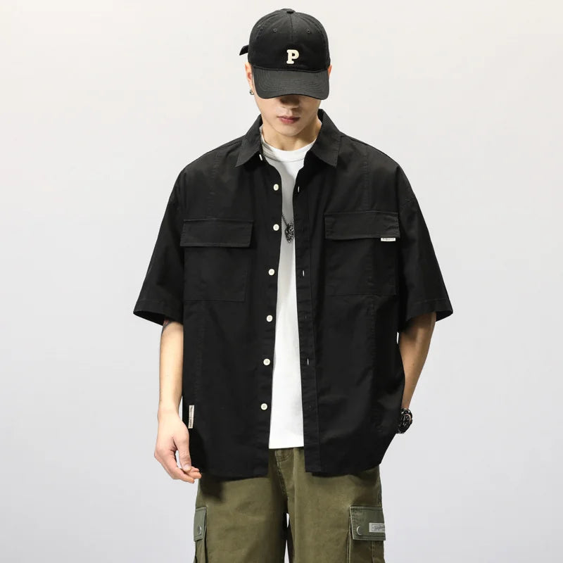 Summer Japanese Cargo Short Sleeve Shirt Men's Pockets Button Turn-down Collar Shirts Fashion Casual Cardigan blouses Tops