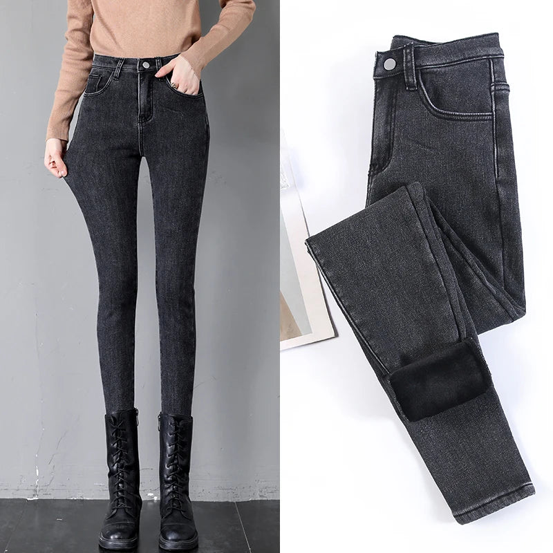 Trend Women High Waist Thermal Women's Jeans Winter Warm Plush Lined Denim Pants Leggings Blue Black Female Pants Trousers