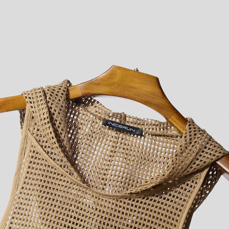 INCERUN Men Tank Tops Mesh Hollow Out Sexy See Through Hooded Sleeveless Male Vests Solid Streetwear Fashion Men Clothing S-3XL