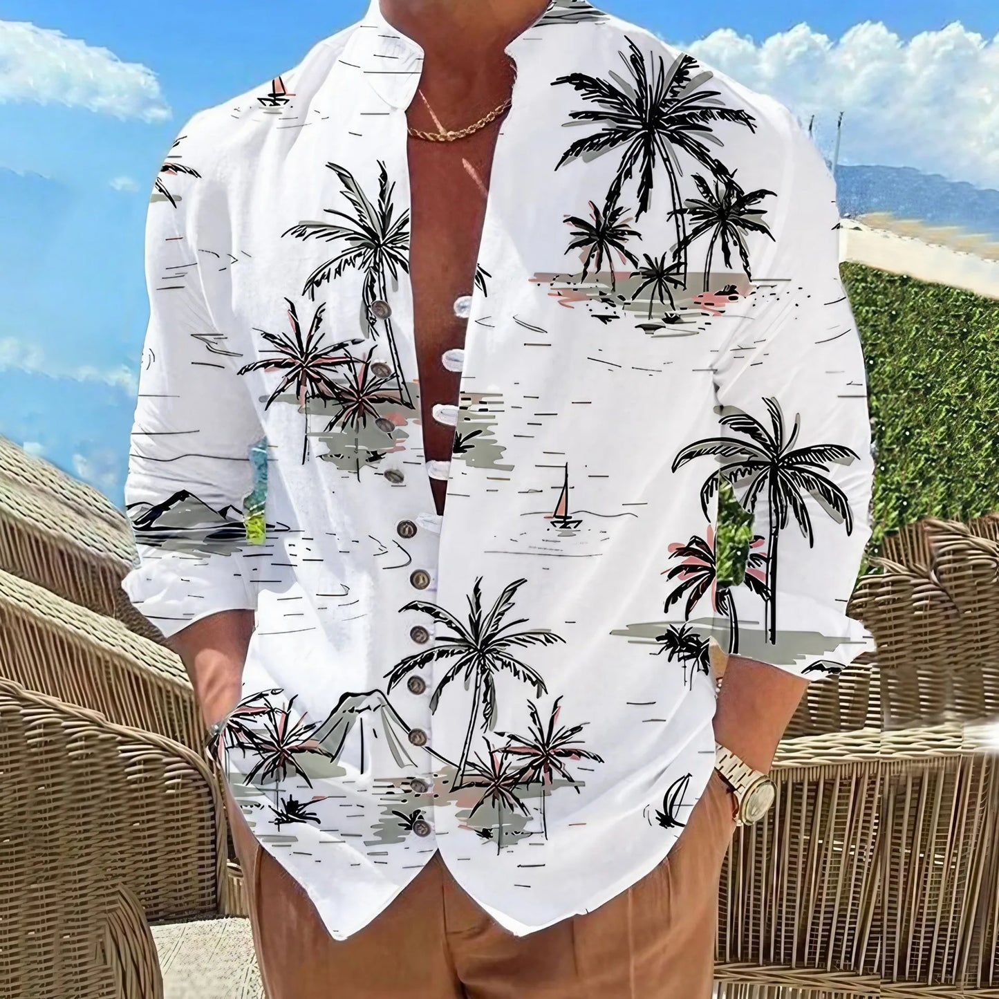 Men Shirts New Print Button Shirt Fashion Stand Collar Loose Fitting Men's Shirts Casual Streetwear Comfortable