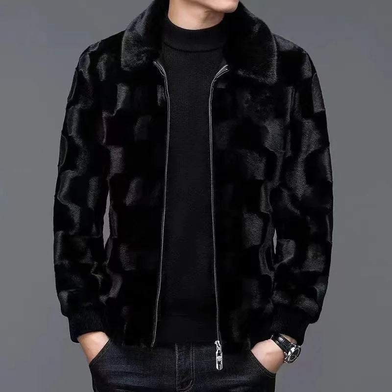 Men's Winter Faux Fur Coat High-End Zipper Thickened Warm Turn Down Collar Jacket Man Black Short Imitation Mink Hair Outwear